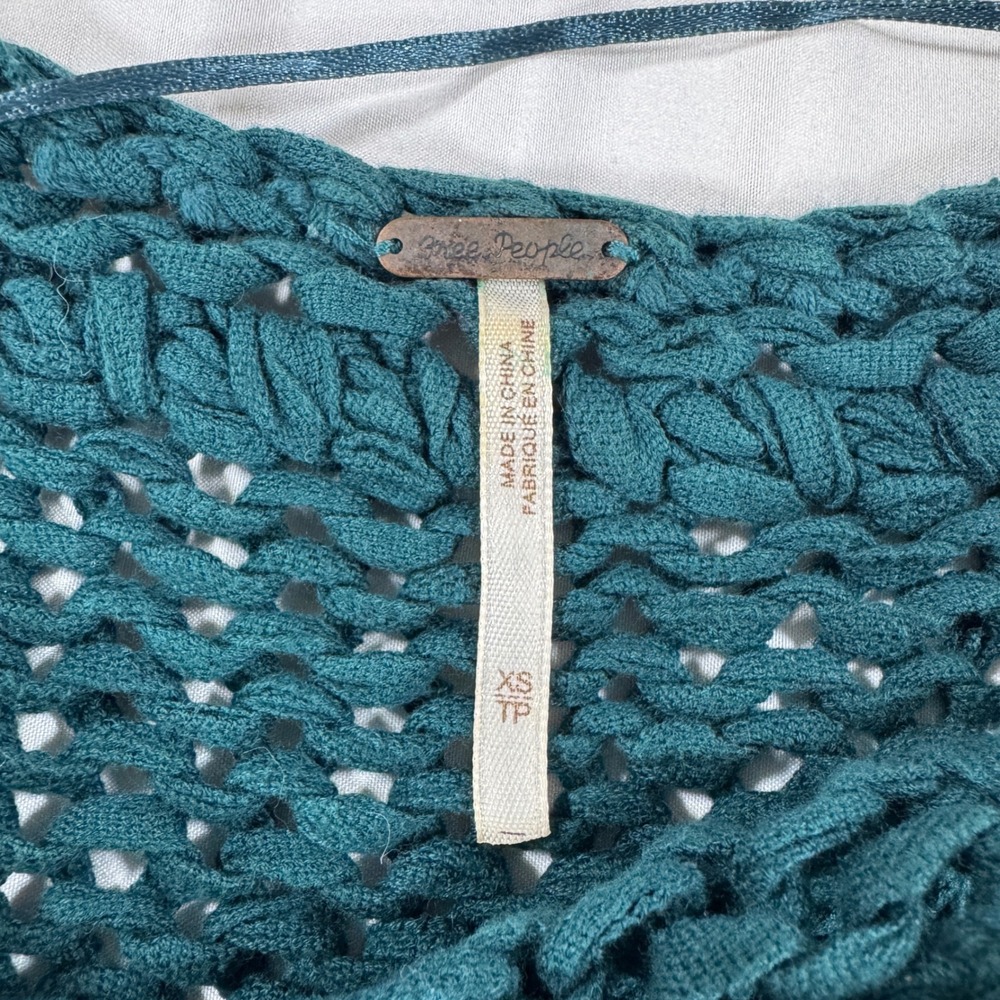 Free People On the Fringe Teal Chunky Cotton Knit Fringe Sweater Boho XS - Picture 4 of 8